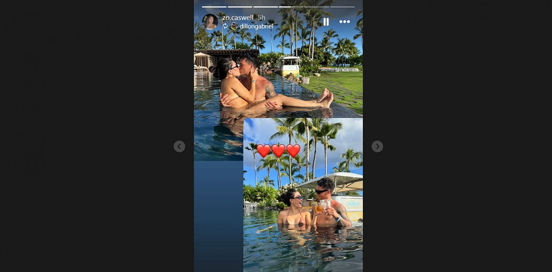 Browns QB Dillon Gabriel shares poolside kiss with fiancée Zo Caswell during tropical vacation getaway/@zo.caswell